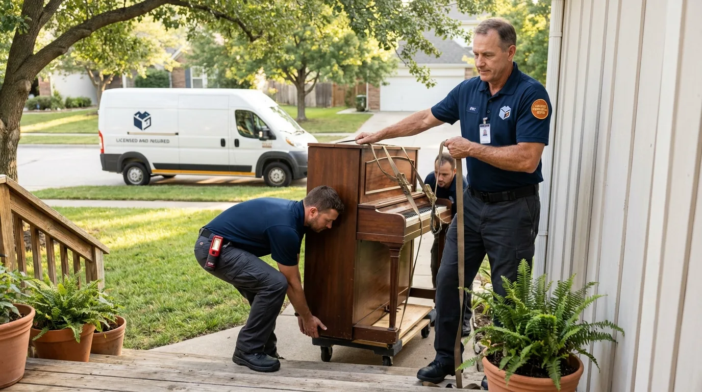 Licensed piano movers securing grand piano in Piedmont, SC