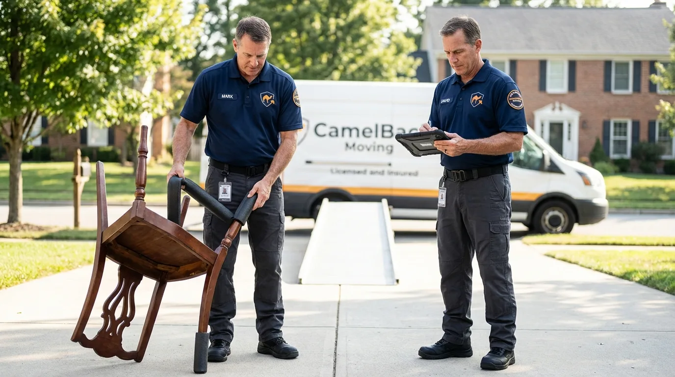 Movers inspecting furniture for damage prevention before loading in Piedmont, SC