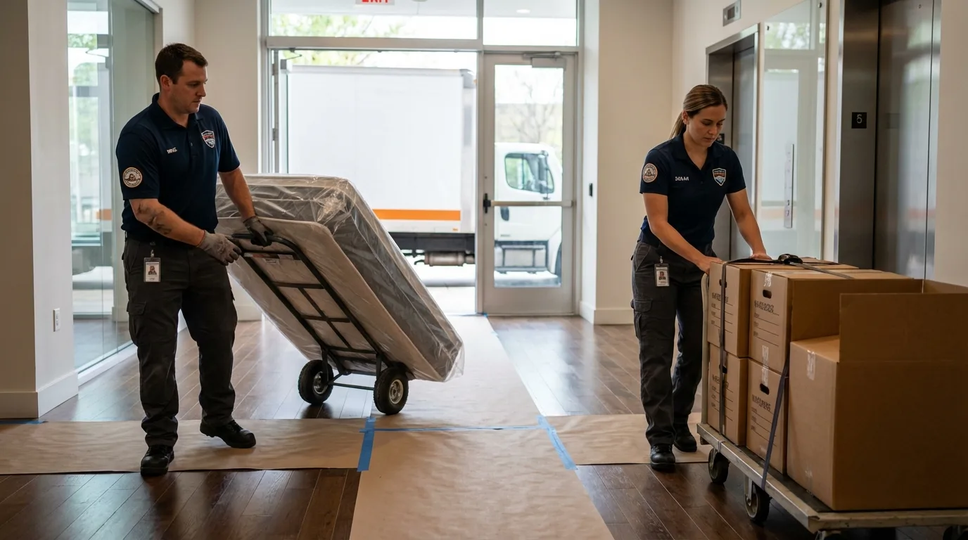 Professional apartment movers loading elevator in Piedmont, SC